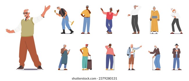 Set of Elderly Male Characters Rock Musician with Microphone, Old Man Thinking, Dancing, Travel with Luggage and Map, Feel Pain, Use Gadgets and Walking Cane. Cartoon People Vector Illustration