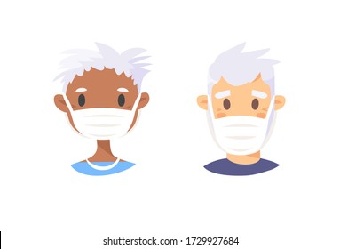 Set of elderly male and female characters. Cartoon masked people. Isolated retiree avatars. Flat illustration protected old men and women faces. Hand drawn vector drawing safe granny portraits