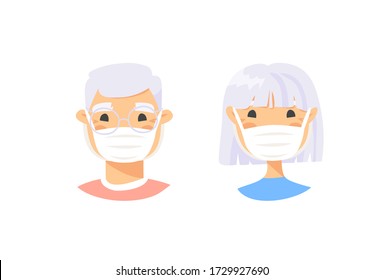 Set of elderly male and female characters. Cartoon masked people. Isolated retiree avatars. Flat illustration protected old men and women faces. Hand drawn vector drawing safe granny portraits