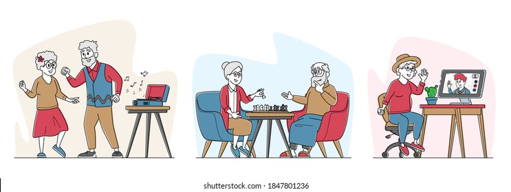 Set Of Elderly Male And Female Senior People Spending Time Engaging Hobby Listening Music, Playing Chess, Dance And Communicate Online. Characters Having Leisure Fun. Linear People Vector Illustration