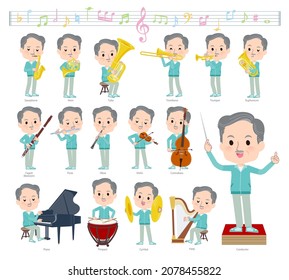 A set of elderly man in Blue green jerseys on classical music performances.It's vector art so easy to edit.