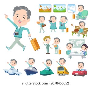 A set of elderly man in Blue green jerseys on travel.It's vector art so easy to edit.