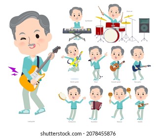 A set of elderly man in Blue green jerseys playing rock 'n' roll and pop music.It's vector art so easy to edit.