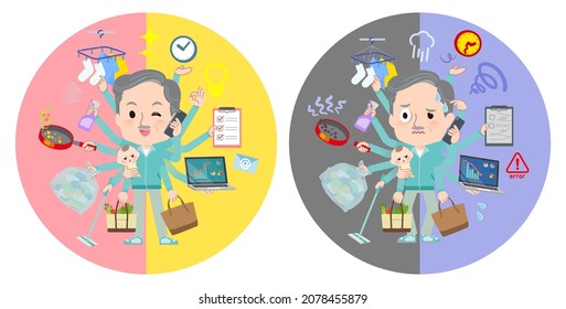 Un grupo de ancianos con camisetas verdes azules que realizan tareas múltiples en oficinas y privadas. Es arte vectorial tan fácil de editar.