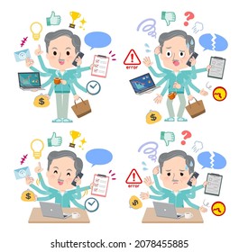 A set of elderly man in Blue green jerseys who perform multitasking in the office.It's vector art so easy to edit.