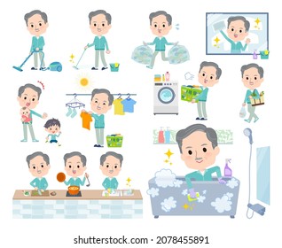 A set of elderly man in Blue green jerseys related to housekeeping such as cleaning and laundry.It's vector art so easy to edit.