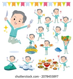 A set of elderly man in Blue green jerseys on food events.It's vector art so easy to edit.