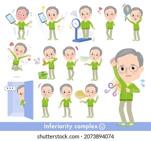 A set of elderly man in green jerseys on inferiority complex.It's vector art so easy to edit.