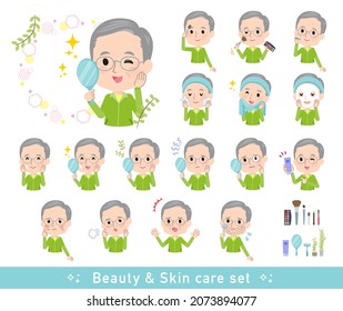 A set of elderly man in green jerseys on beauty.There are various actions such as skin care and makeup.It's vector art so easy to edit.