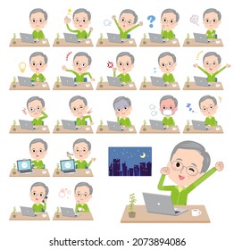 A set of elderly man in green jerseys on desk work.It's vector art so easy to edit.