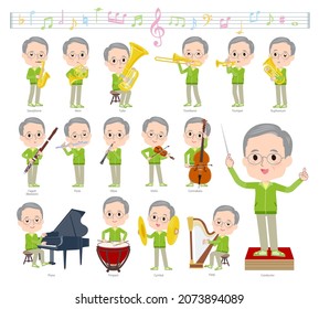 A set of elderly man in green jerseys on classical music performances.It's vector art so easy to edit.