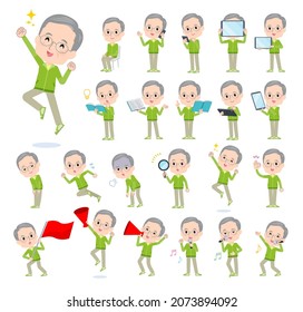 A set of elderly man in green jerseys with digital equipment such as smartphones.It's vector art so easy to edit.
