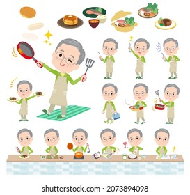 A set of elderly man in green jerseys about cooking.It's vector art so easy to edit.