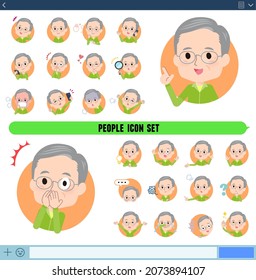 A set of elderly man in green jerseys with expresses various emotions In icon format.It's vector art so easy to edit.