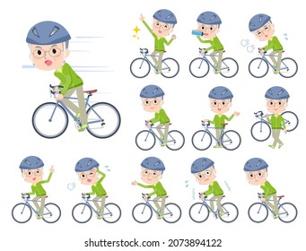 A set of elderly man in green jerseys on a road bike.It's vector art so easy to edit.