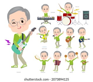 A set of elderly man in green jerseys playing rock 'n' roll and pop music.It's vector art so easy to edit.