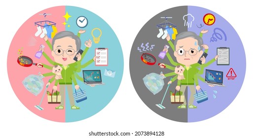 A set of elderly man in green jerseys who perform multitasking in offices and private.It's vector art so easy to edit.