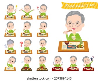 A set of elderly man in green jerseys about meals.It's vector art so easy to edit.
