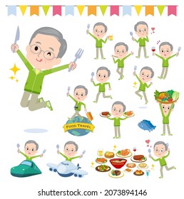 A set of elderly man in green jerseys on food events.It's vector art so easy to edit.