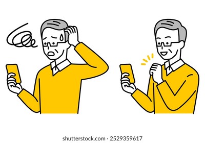 Set of an elderly man having trouble operating a smartphone and a happy elderly man