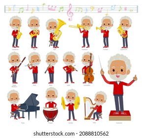 A set of elderly man in red jerseys on classical music performances.It's vector art so easy to edit.