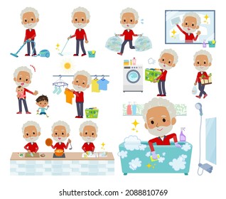 A set of elderly man in red jerseys related to housekeeping such as cleaning and laundry.It's vector art so easy to edit.