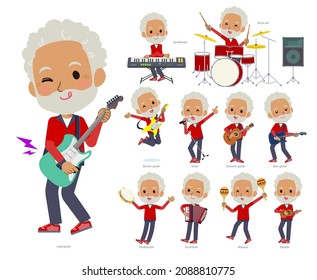 A set of elderly man in red jerseys playing rock 'n' roll and pop music.It's vector art so easy to edit.