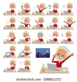 A set of elderly man in red jerseys on desk work.It's vector art so easy to edit.