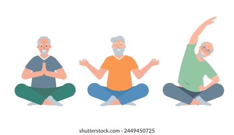 Set of elderly men doing exercises. Senior male characters in yoga position. Sport active healthy lifestyle concept. Vector cartoon or flat illustration isolated on white background.