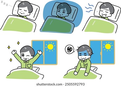 Eine Reihe älterer Männer, die verschiedene Ausdrücke in einem Futon machen