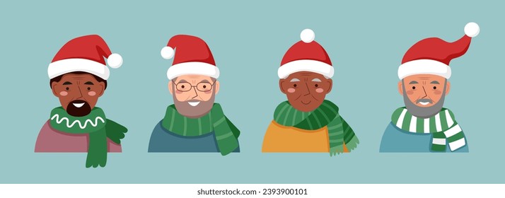 Set of elderly men in Santa Claus hats. Christmas concept.	

