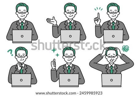 Set of elderly men in suits with laptops facing the front