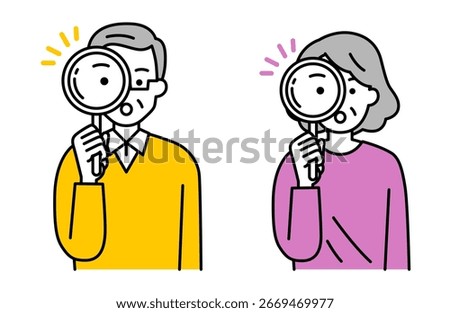 Set of elderly men and women looking through a magnifying glass
