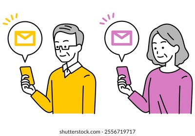Set of elderly men and women receiving emails on their smartphones