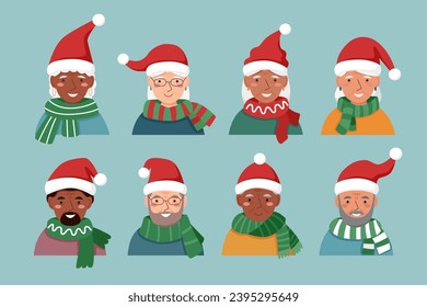 Set of elderly men and women in Santa Claus hats. Christmas concept.	