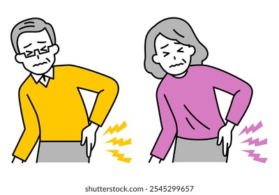 Set of elderly men and women suffering from back pain