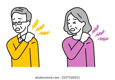 Set of elderly men and women suffering from stiff shoulders