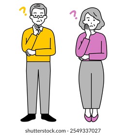 Set of elderly men and women thinking about ideas (whole body)