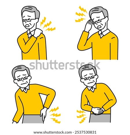 Set of elderly men's stiff shoulders, headache, back pain, and stomach pain