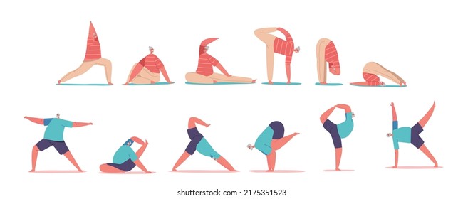 Set of Elderly People Active Healthy Lifestyle, Senior Male and Female Characters Practicing Yoga and Meditation. Sports Activities, Happy and Healthy Retirement Concept. Cartoon Vector Illustration