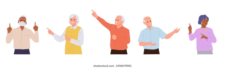 Set of elderly people cartoon characters showing pointing gesture indicating or advertising