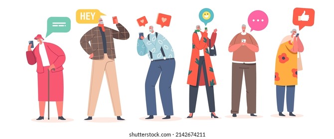 Set of Elderly People Communicate in Social Networks. Senior Male and Female Characters with Mobile Phones Browsing Internet, Chatting and Messaging with Friends Online. Cartoon Vector Illustration