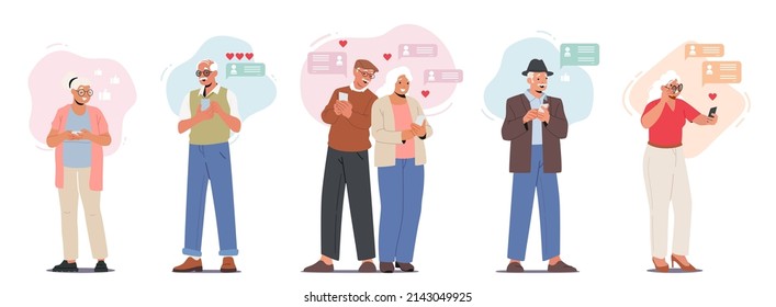 Set of Elderly People Communicate in Social Networks. Senior Male and Female Characters with Mobile Phones Browsing Internet, Chatting and Messaging with Friends Online. Cartoon Vector Illustration