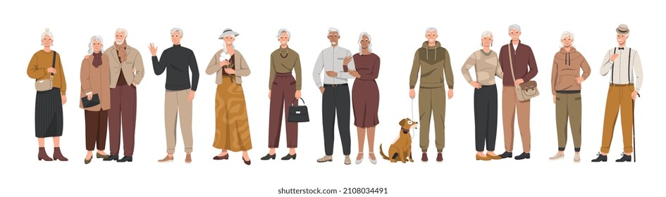 Conjunto de personas mayores y parejas. Hombres y mujeres de edad y estilo con hermosos vestidos casuales. Personajes mayores con ropa de moda. Caricatura moderna de colección vectorial plana aislada en fondo blanco