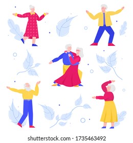 Set elderly people dancing at background of leaves, cartoon vector illustration.