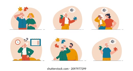 Set of elderly people with dementia symptoms. Person with bewildered thoughts and puzzle pieces. Memory loss, disorientation, alzheimer disease concept. Modern flat vector illustration 