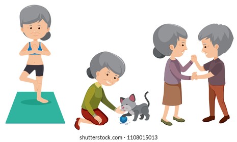 Set of elderly people doing activities illustration
