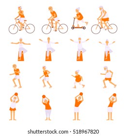 Set Elderly people doing exercises in different poses. Healthy active lifestyle retiree. Sport for grandparents, elder fitness, yoga for Seniors isolated on white background. Vector illustration eps10