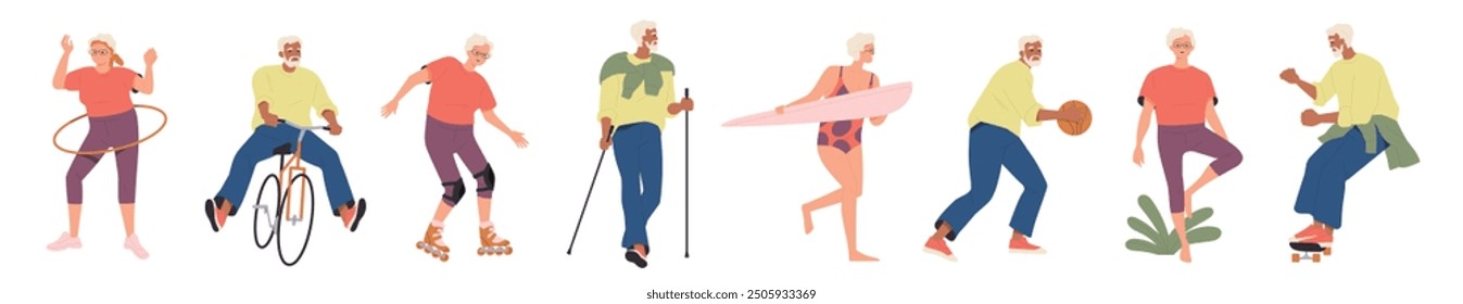 Set of elderly people doing sports. Happy retired grandparents ride bicycles, play basketball and do yoga. Outdoor Activities and Recreation. Flat vector illustration collection isolated on background