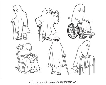 Set of elderly people dressed as ghosts. Collection of old ghosts with a stick, on a stroller. Funny Halloween costumes. Vector illustration on a white background. Boo monster. Creepy tattoo.